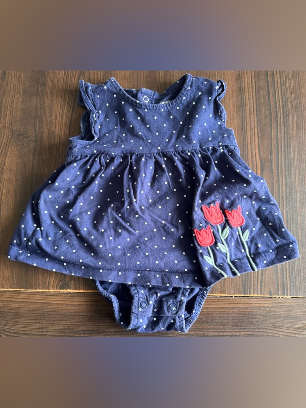 Carter's Navy Polka Dot Bodysuit Dress with Red Tulip Embroidery